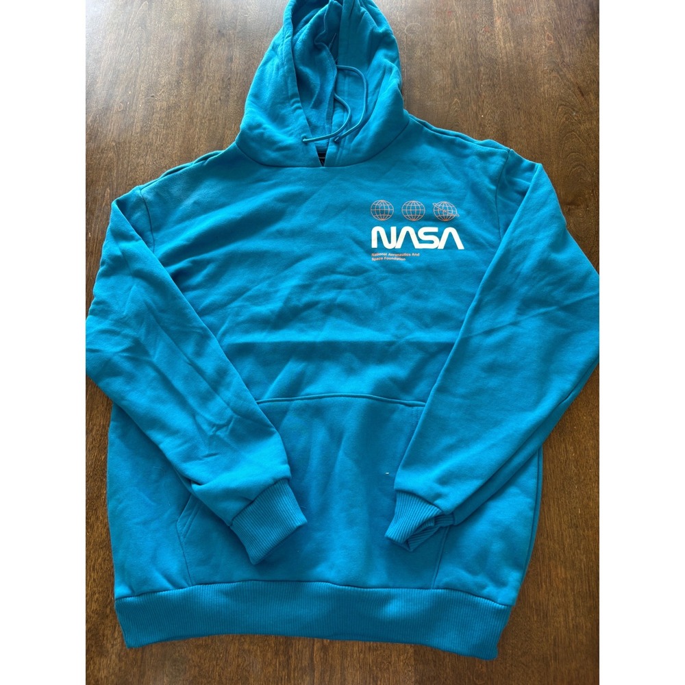 Hyper Space NASA Hoodie Teal Blue Space Shuttle Graphic Sweatshirt Mens Large